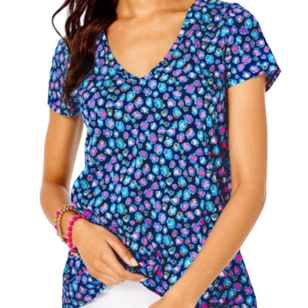 LILLY PULITZER t-shirt Etta V-neck Seabreeze Blue Low Tide Navy Spotted size XL